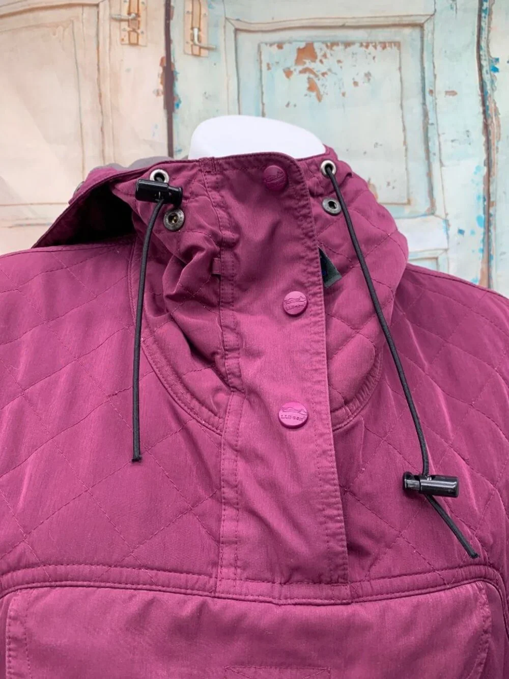 L.L. Bean 90's Insulated Pullover Anorak Hoodie Purple Plum Quilted Pattern Adju